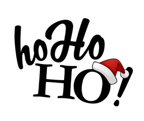 Isolated black Ho-ho-ho! text with Santa's red hat on white back - obrazy, fototapety, plakaty
