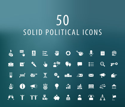Set of 50 Universal Solid Political Icons. Isolated Elements.