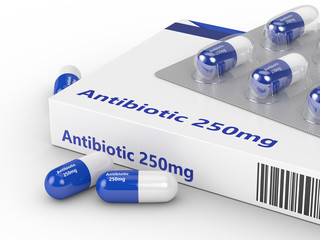 3d rendering of antibiotic pills in blister pack isolated over w - obrazy, fototapety, plakaty
