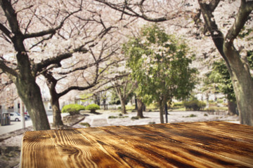 wooden desk space and trees with flowers 