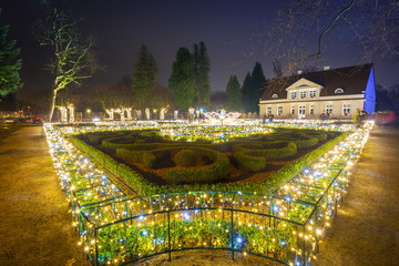 Beautiful Christmas illumination at the park oliwski of Gdansk, Poland
