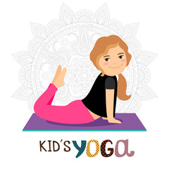 Yoga for kids vector illustration. Young smiling girl in yoga pose