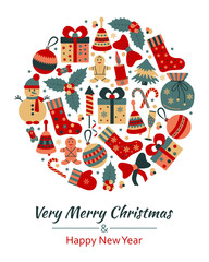 Christmas greeting card with text Very Merry Christmas and many winter doodle toys. Round shape. Vector illustration.