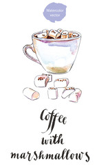Cup of black coffee with marshmallows