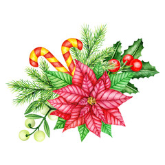 Christmas wreath. Holly Berry, Red Poinsettia, Mistletoe and Pine Brunches Border. Christmas Symbols. Watercolor illustration