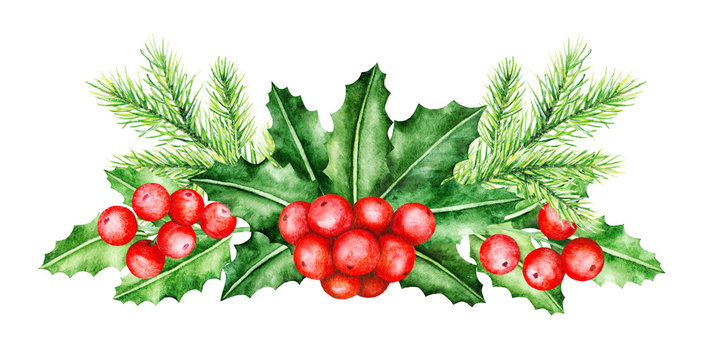 Christmas wreath. Holly Berry and Pine Brunches Border. Christmas Symbols. Watercolor illustration