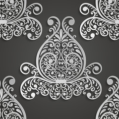 Damask seamless pattern. 3D element with shadow and highlight. Vector illustration.