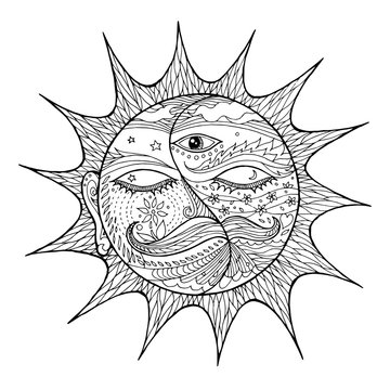 abstract sun face, sunny icon sign symbol, zentangle art hand drawn