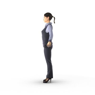 Young asian business woman, isolated on white. Side view. 3D illustration