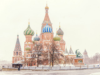 Fototapeta premium winter view of the St. Basil's Cathedral in the snow storm. Mosc