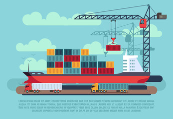 Transport cargo sea ship loading containers by harbor crane in shipping port vector illustration