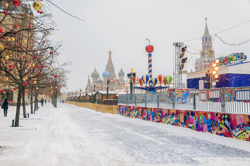 Christmas market on the Red Square in Moscow snowy weather