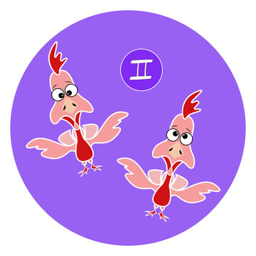 Zodiac sign Twins. Two red Roosters. Greeting card background poster. Horoscope. Blue background.