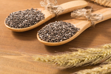 Close-up organics chia seed in a wooden spoon, food for slimming