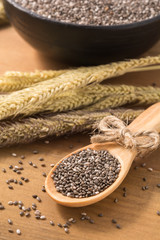 Close-up organics chia seed in a wooden spoon, food for slimming