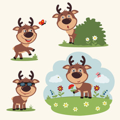 Obraz na płótnie Canvas Vector set funny deer in different poses on summer meadow with flowers. Collection little deer in cartoon style.