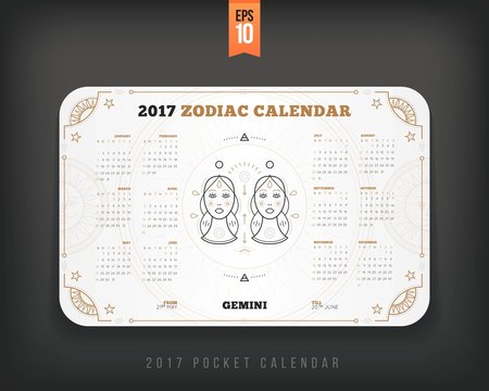 Gemini 2017 year zodiac calendar pocket size horizontal layout White color design style vector concept illustration