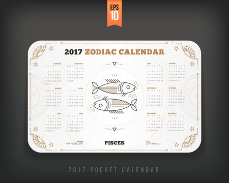 Pisces 2017 year zodiac calendar pocket size horizontal layout White color design style vector concept illustration