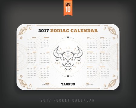 Taurus 2017 year zodiac calendar pocket size horizontal layout White color design style vector concept illustration