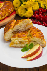 Slice of mouth watering rustic apple pie. Top view. Close-up