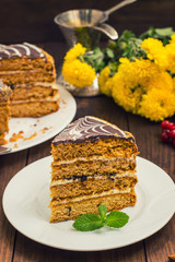 Traditional Hungarian Esterhazy cake .selective focus .  with chocolate piece  a name of the :  