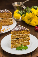 Traditional Hungarian Esterhazy cake .selective focus .  with chocolate piece  a name of the :  