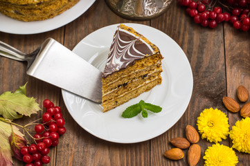 Traditional Hungarian Esterhazy cake .selective focus .  with chocolate piece  a name of the :  