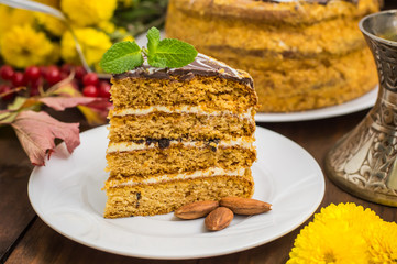 Traditional Hungarian Esterhazy cake .selective focus .  with chocolate piece  a name of the :  