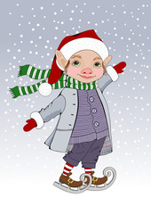 Cheerful Gnome celebrates a Merry christmas and a Happy New Year, ice scates, balances, tries to not let himself fall, it snows, snowflakes cover the sky, a winter card with a soft gradient background