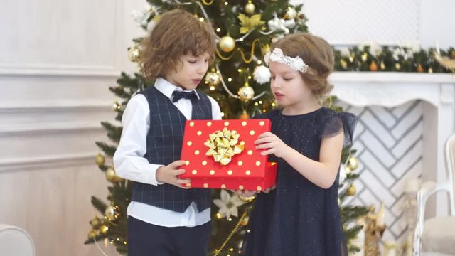 Two children of younger school age open the Christmas gift. Elegantly dressed boy and the girl look in a beautiful box. On faces of children delight. Behind children the Christmas tree shines.