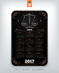 Libra 2017 year zodiac calendar pocket size vertical layout Black color design style vector concept illustration