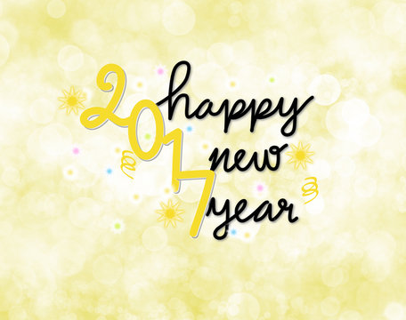 happy new year 2017 words hand drawing on yellow background.