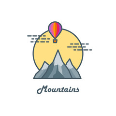 Line art logo with mountains, sun and balloon. Travel concept. Vector illustration