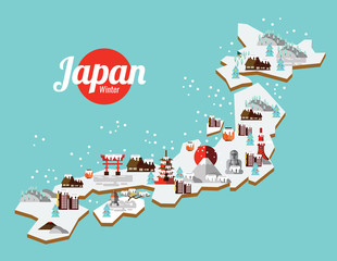Japan Winter landmark and travel map. Flat design elements vector illustration