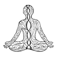 7 chakra vector sign symbol, lotus pose yoga with mudra hand