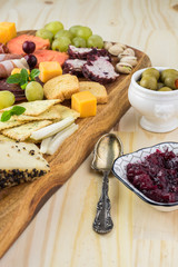 Starter plate with sliced salami, prosciutto and assorted cheese