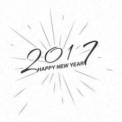 Vector monochrome text Happy New Year 2017 for greeting card, flyer, poster logo with  lettering, light rays of burst. Isolated on white.