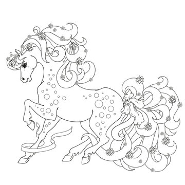 Horse with flowers and bows. Vector Coloring anti stress. Coloring book isolated