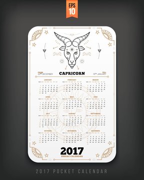 Capricorn 2017 year zodiac calendar pocket size vertical layout White color design style vector concept illustration