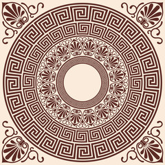 Vector Greek style background. Circular ornament. Brown pattern on a beige background.