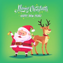 Cute cartoon Santa Claus ringing bell and funny reindeer Merry Christmas vector illustration Greeting card poster horizontal banner
