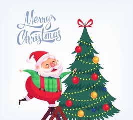 Fototapeta na wymiar Cute cartoon Santa Claus decorating Christmas tree Merry Christmas vector illustration Greeting card poster