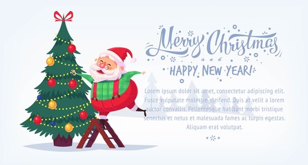 Cute cartoon Santa Claus decorating Christmas tree Merry Christmas vector illustration Greeting card poster horizontal banner