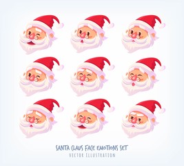 Set of Santa Claus face emotions icons Cute cartoon faces collection Merry Christmas vector illustration
