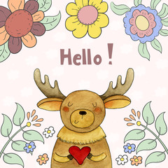Sweet funny deer with heart in vector.
