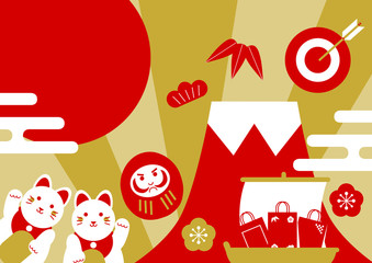 日本の縁起物のイラスト: 富士山・招き猫・福袋・だるま・宝船