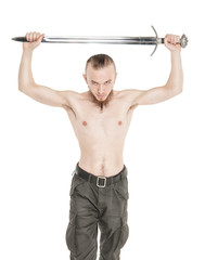 Young handsome man with sword isolated