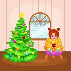 Vector illustration of a cartoon girl sits near a Christmas tree, holding a cup with sweet hot chocolate, steam coming out of it