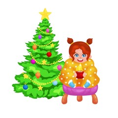 Vector illustration of a cartoon girl sits near a Christmas tree, holding a cup with sweet hot chocolate, steam coming out of it