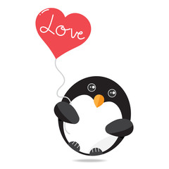 Cute cartoon penguin with heart balloon vector illustration.